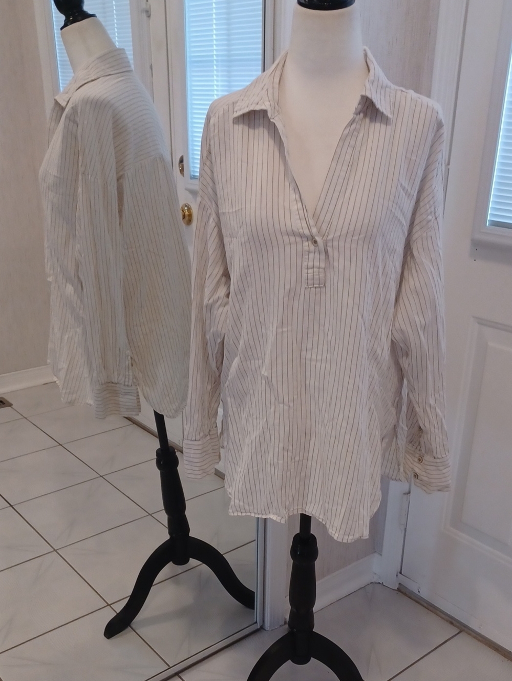 4/$40 Long-Sleeve Striped Shirt in White & Tan - Fits Size XL